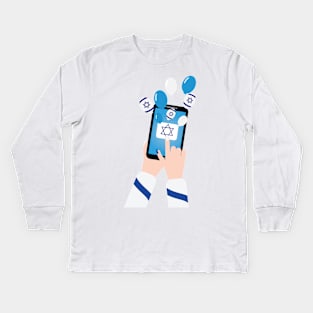 Blue White balloons and Israeli flag balloons flying from smartphone Kids Long Sleeve T-Shirt